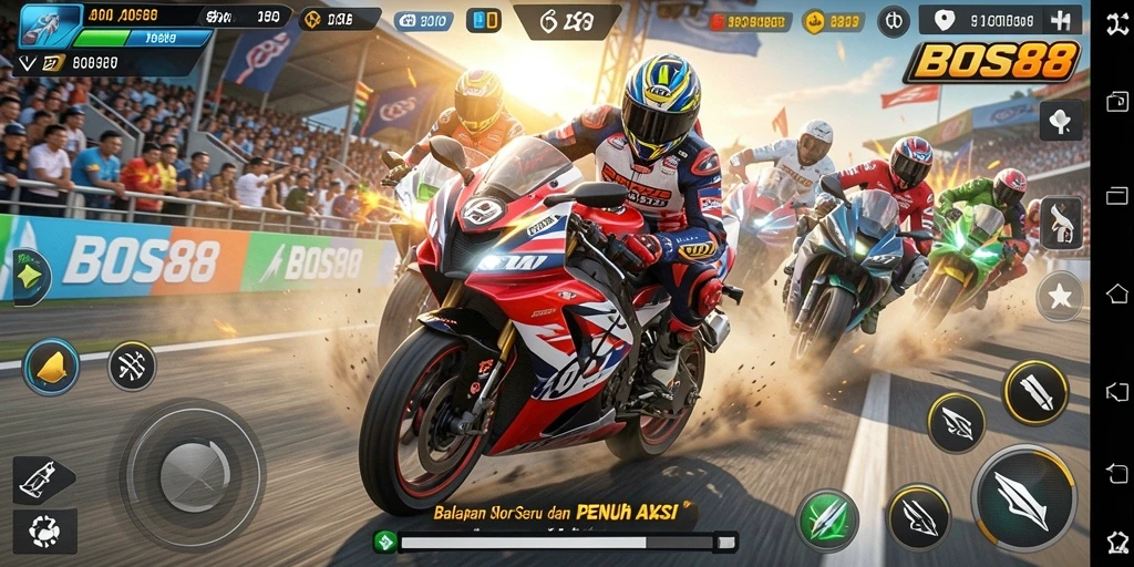 Tampilan gameplay <strong>BOS88</strong> yang menampilkan aksi balapan motor menegangkan.