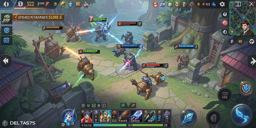 Screenshot gameplay DELTA575 menampilkan pertarungan kota dan strategi SLG.