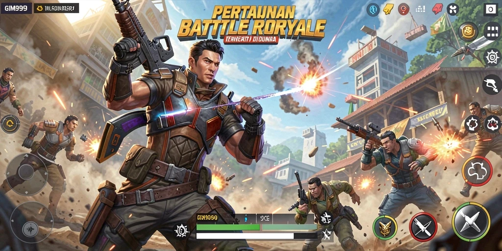 Tangkapan layar GIM999 menampilkan aksi pertarungan intens di arena Battle Royale.