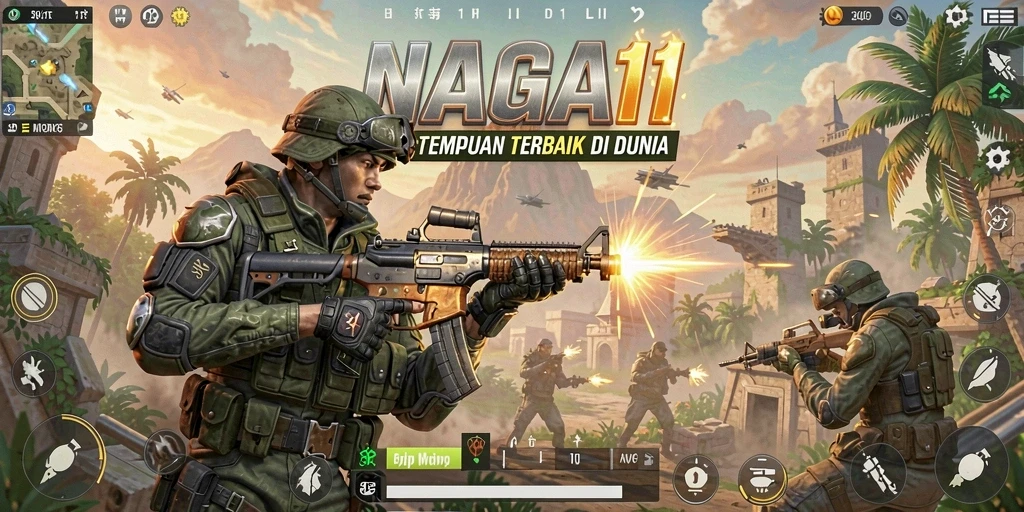 Screenshot utama NAGA11 menampilkan aksi seru dalam pertempuran Battle Royale.