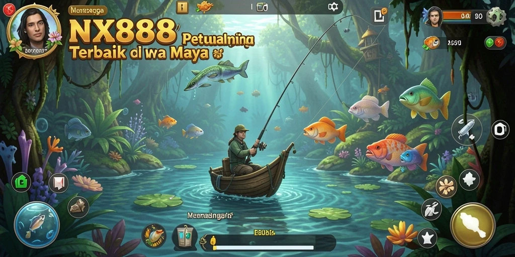 Screenshot utama NX888 menampilkan aksi memancing yang seru di laut.