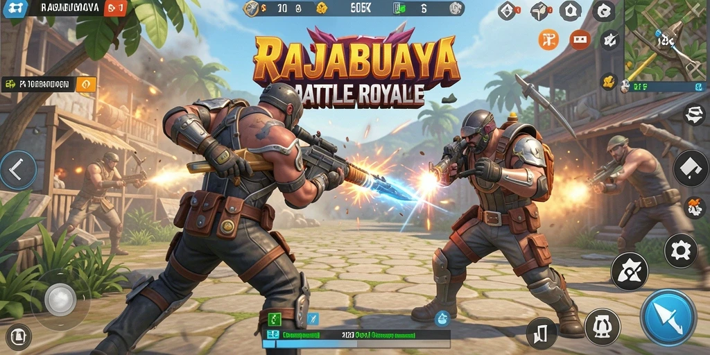 Screenshot gameplay RAJABUAYA menampilkan aksi pertarungan Battle Royale.