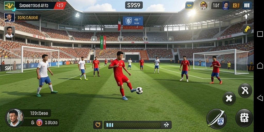 Screenshot dari gameplay S9S9 yang mendebarkan di lapangan sepak bola.