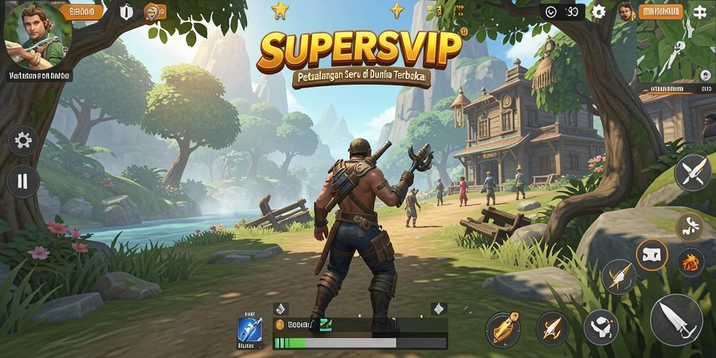 Gameplay SUPERSVIP yang menampilkan petualangan di dunia terbuka yang luas.